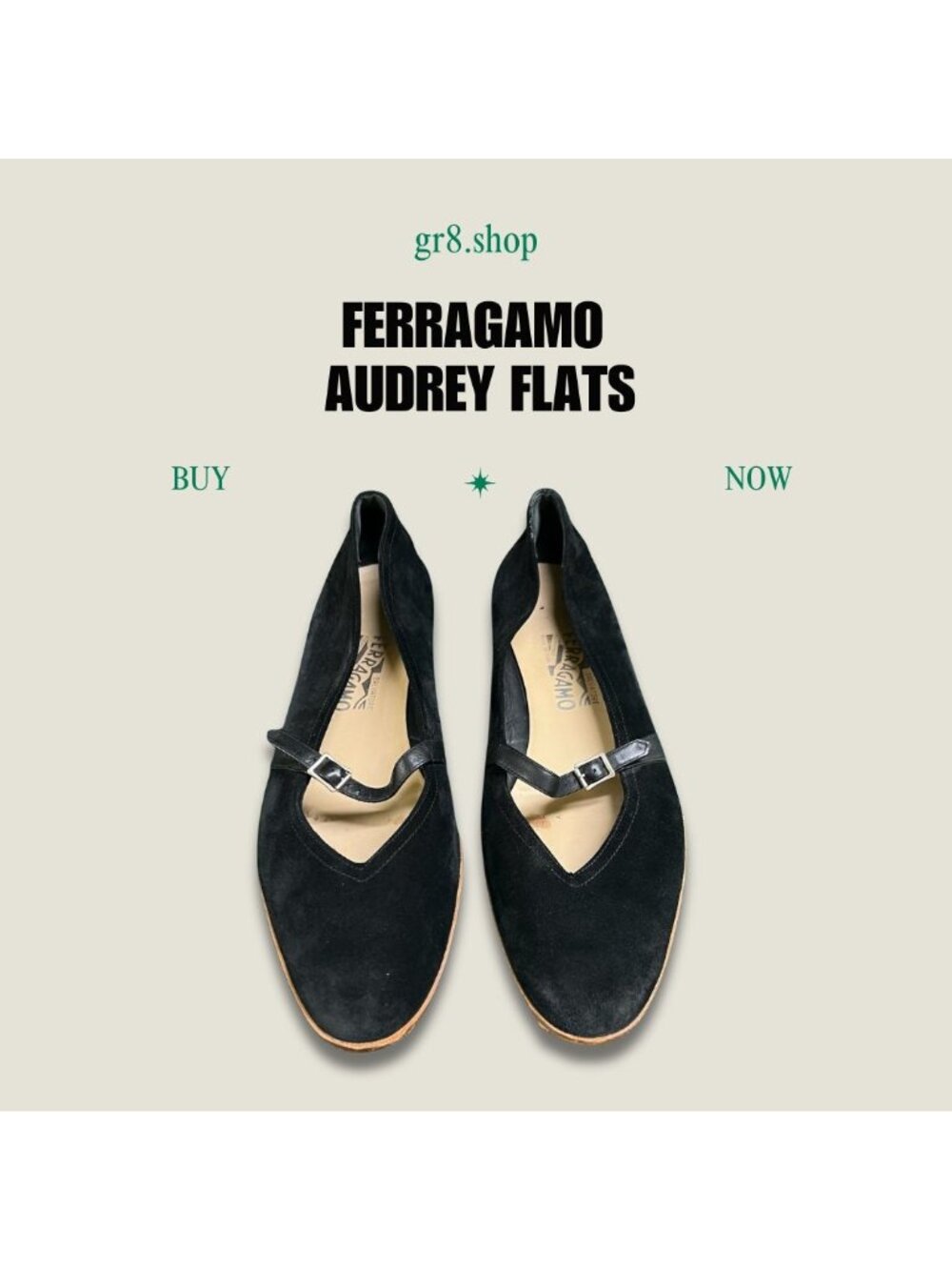 FERRAGAMO Audrey Black Suede Flats With Leather Strap Made In Italy Womens Shoes